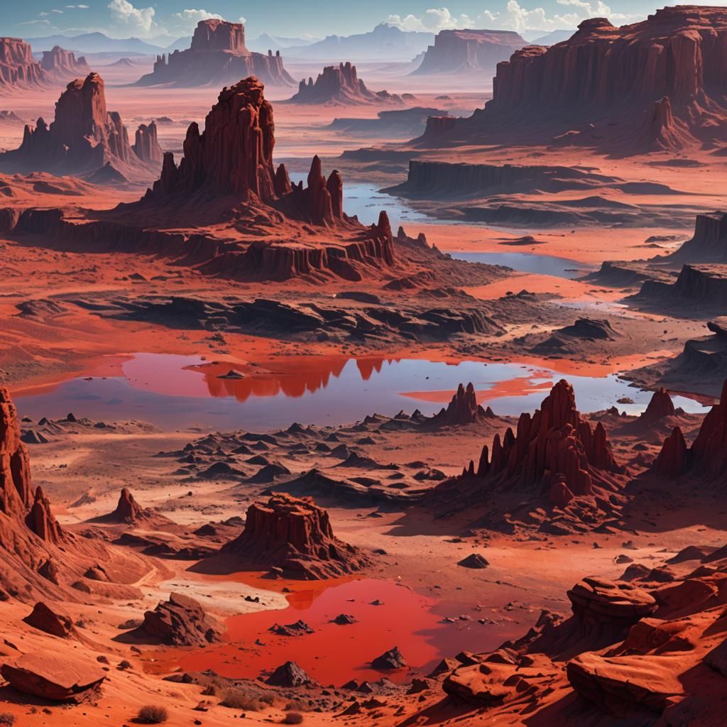 Panoramic Desert Wasteland with Red Water: Fantasy Concept A...