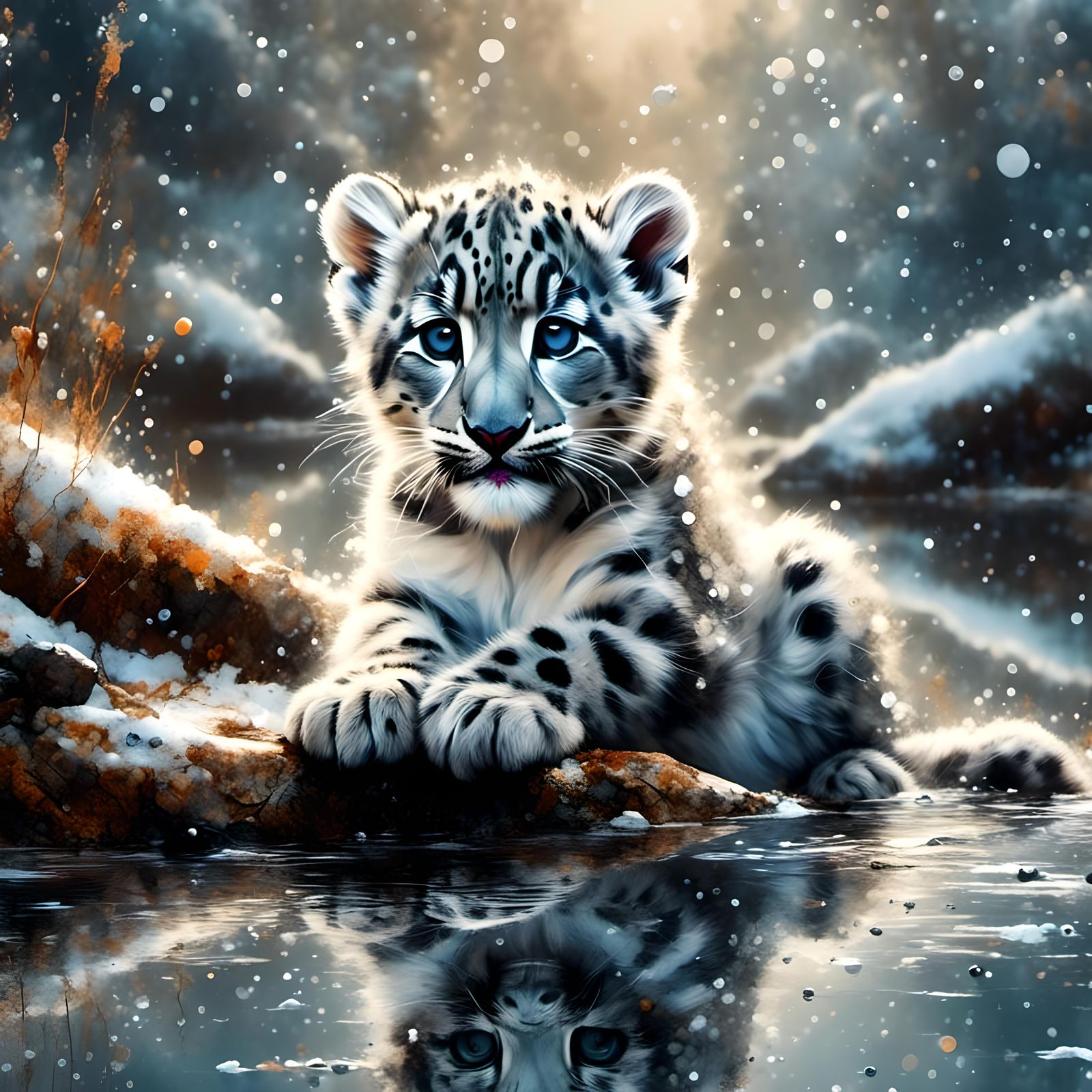 Snow Leopard Cub Drinks During Blizzard