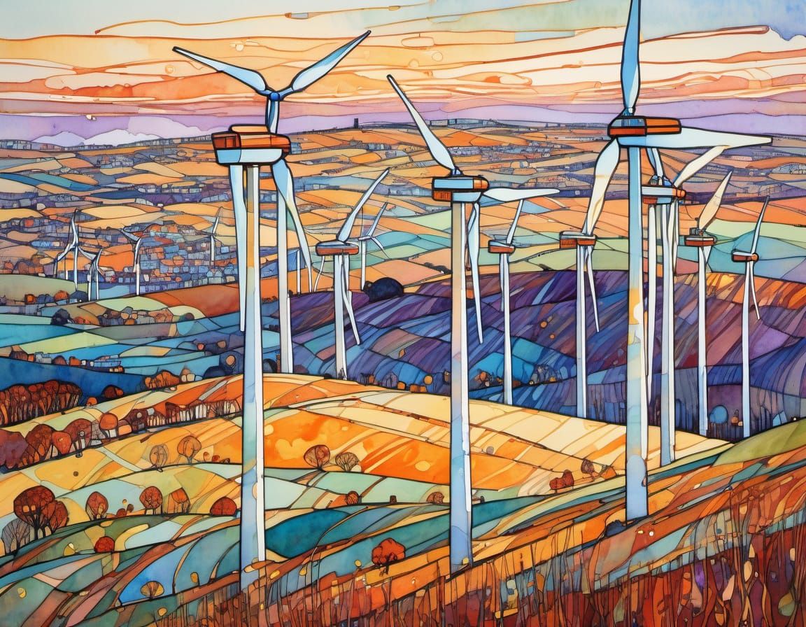 Autumn Wind Turbines: Ink and Watercolor Painting