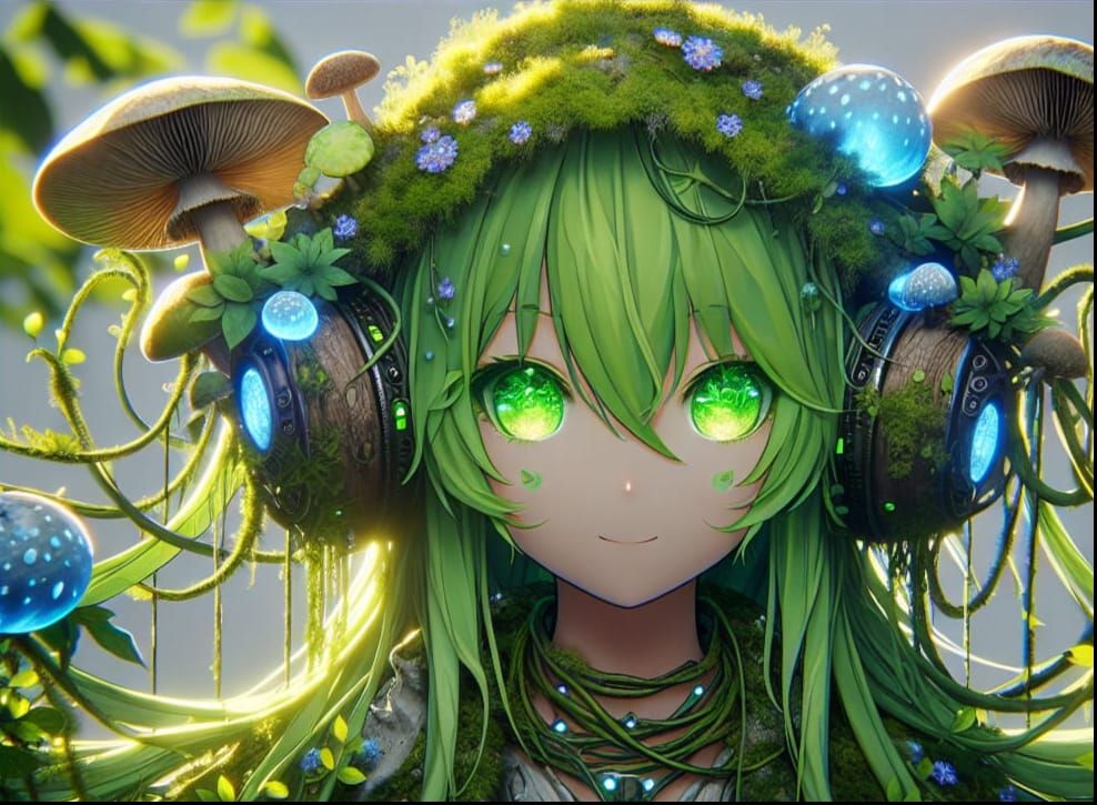 Anime Dryad Girl with Mushroom Headphones