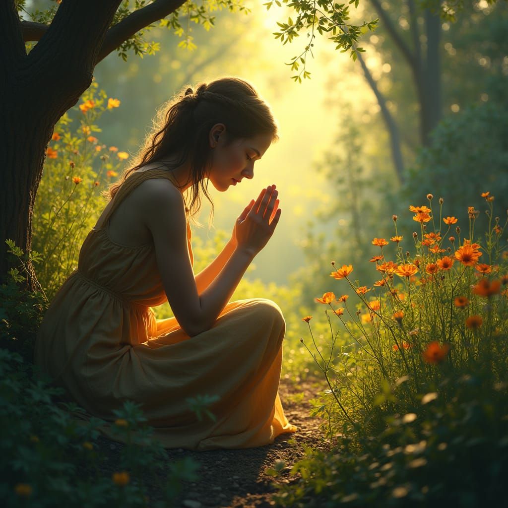 Woman in Gratitude, Amidst Vibrant Wildflowers