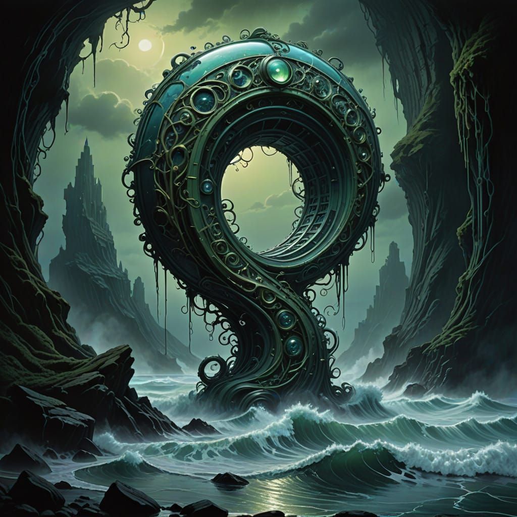 Twisted Glass Ampulla in Dark Fantasy Sea with Biomechanical...