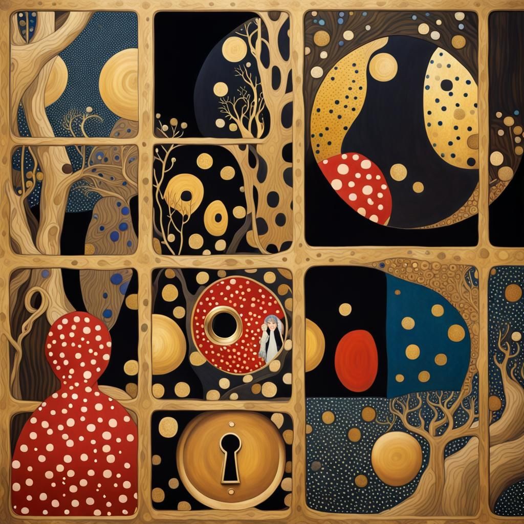 Art by Gustav Klimt, Yayoi Kusama, golden forest scene glimp...