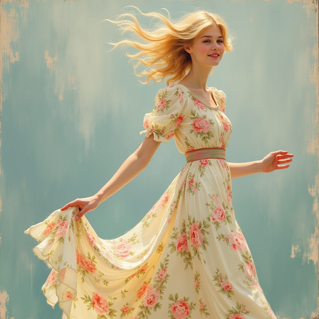 Elegant Blonde Woman Strolling Through a Floral Aisle in Sof...