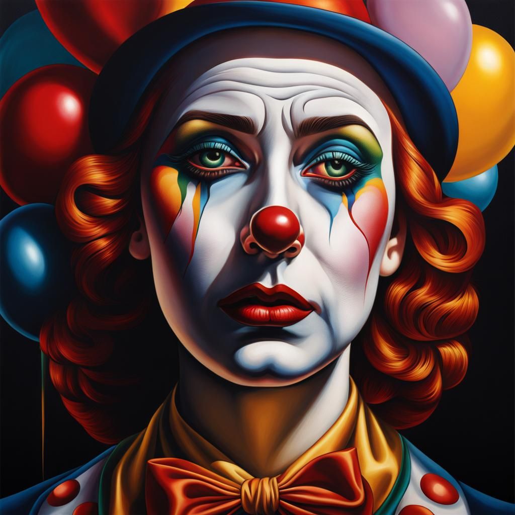 Sad clown. style Tamara de Lempicka. Hyperrealistic, splash art, concept art, mid shot, intricately detailed, color dept...