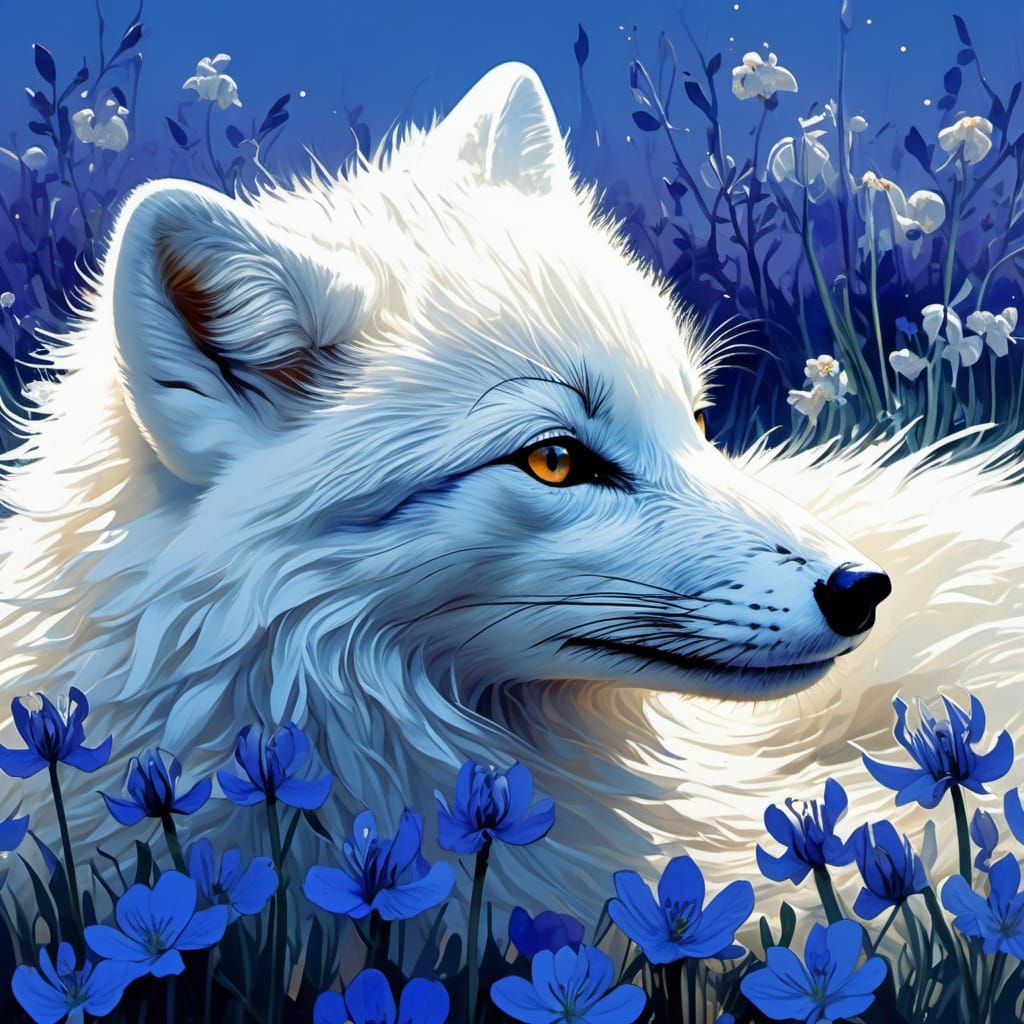 Glowing Arctic Fox in Bioluminescent Field