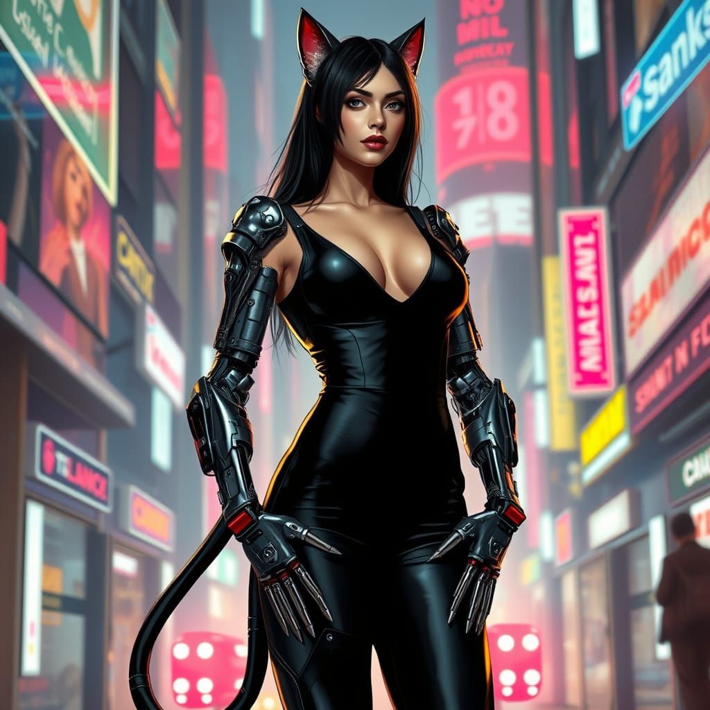 Cybernetic Catwoman in Futuristic Cityscape