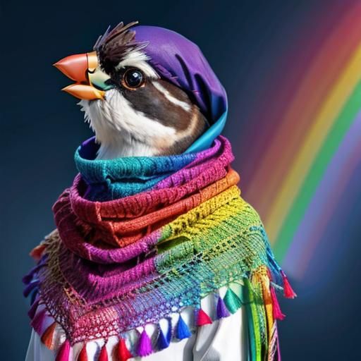 Sparrow Bird Adorned in Rainbow Shawl