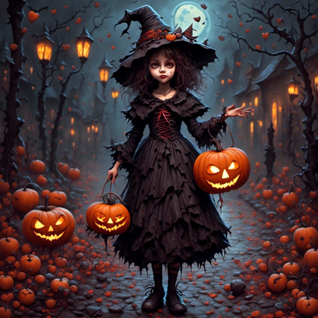 Halloween Witch Girl in Street, Digital Art