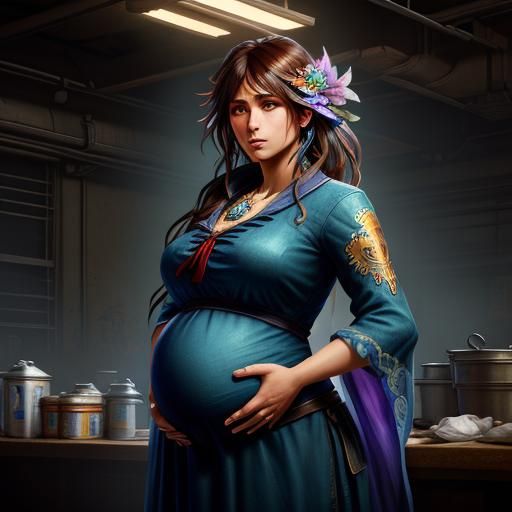 Pregnant Woman in Shelter, Art Nouveau Digital Art