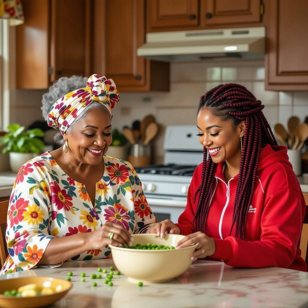 Cozy Kitchen Scene with Women Shelling Peas