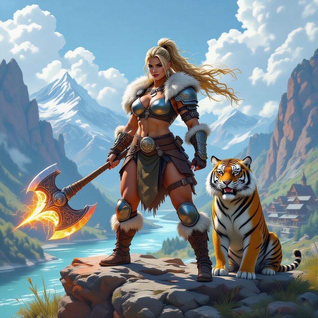 Triumphant Barbarian Woman with Electric Axe