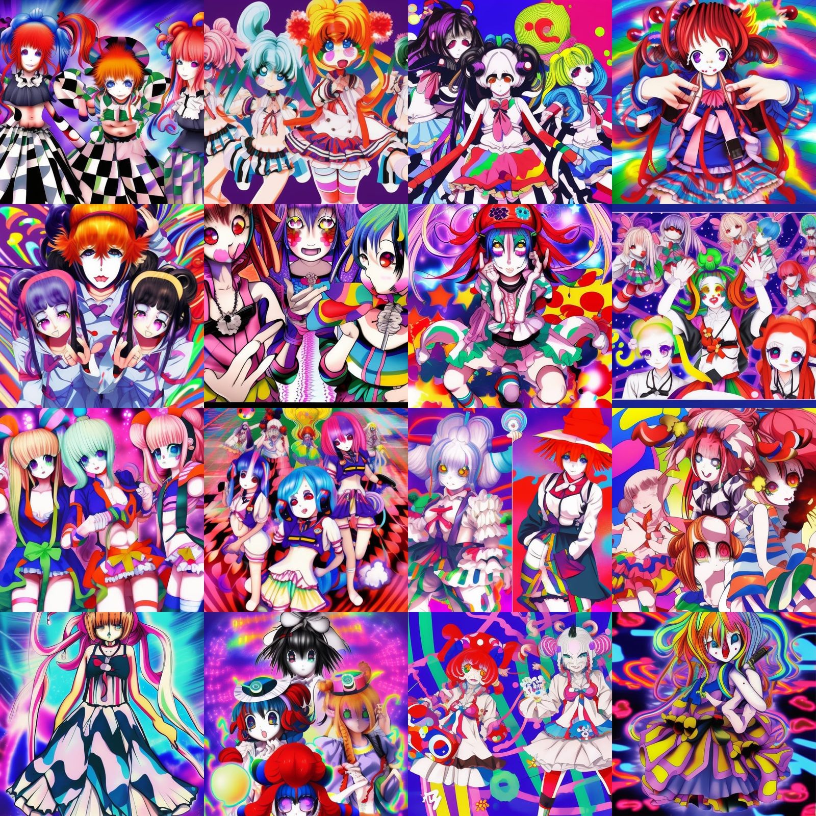 Psychedelic Anime Clown Girls in Trippy Manga Style