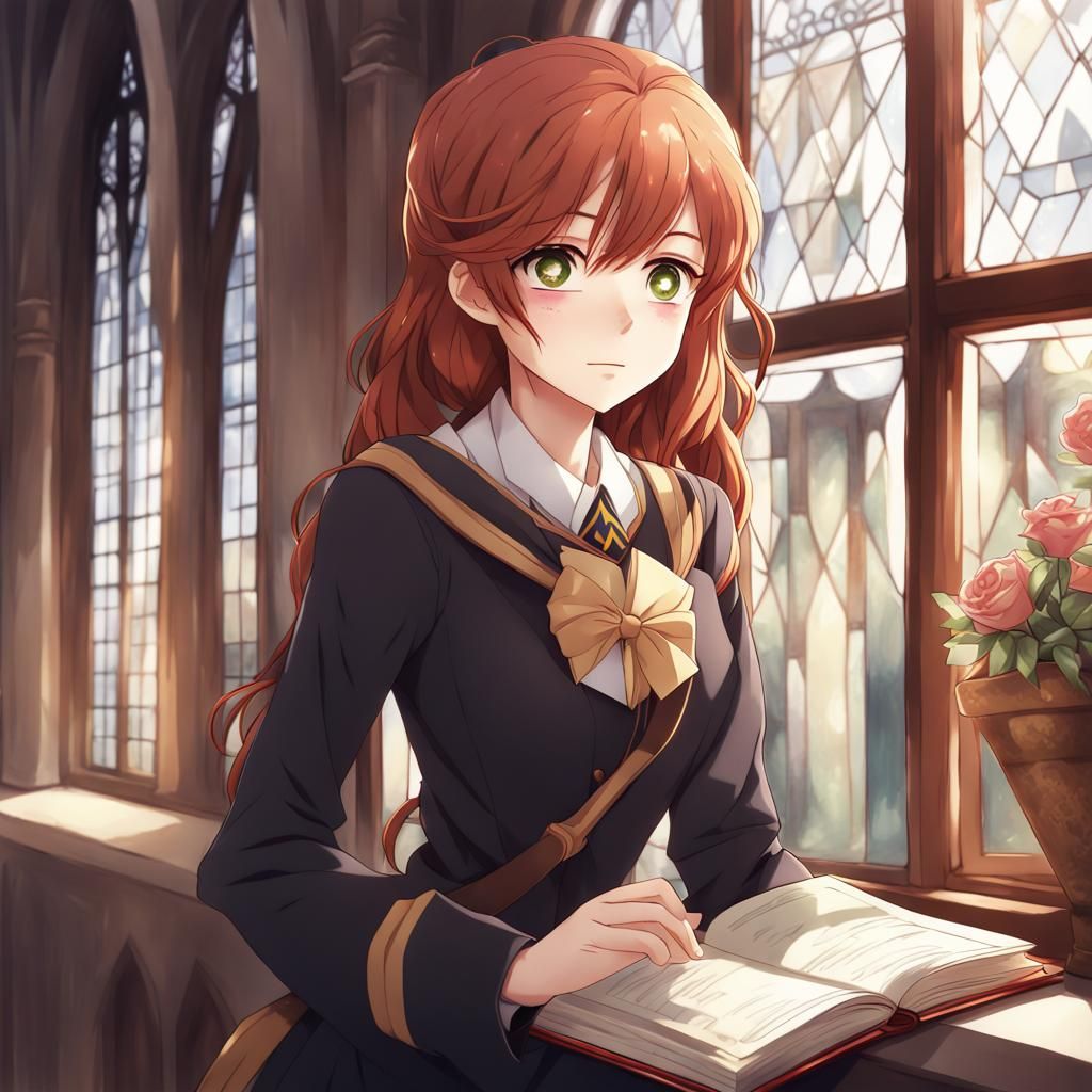 Anime Girl in Hogwarts Uniform with Book