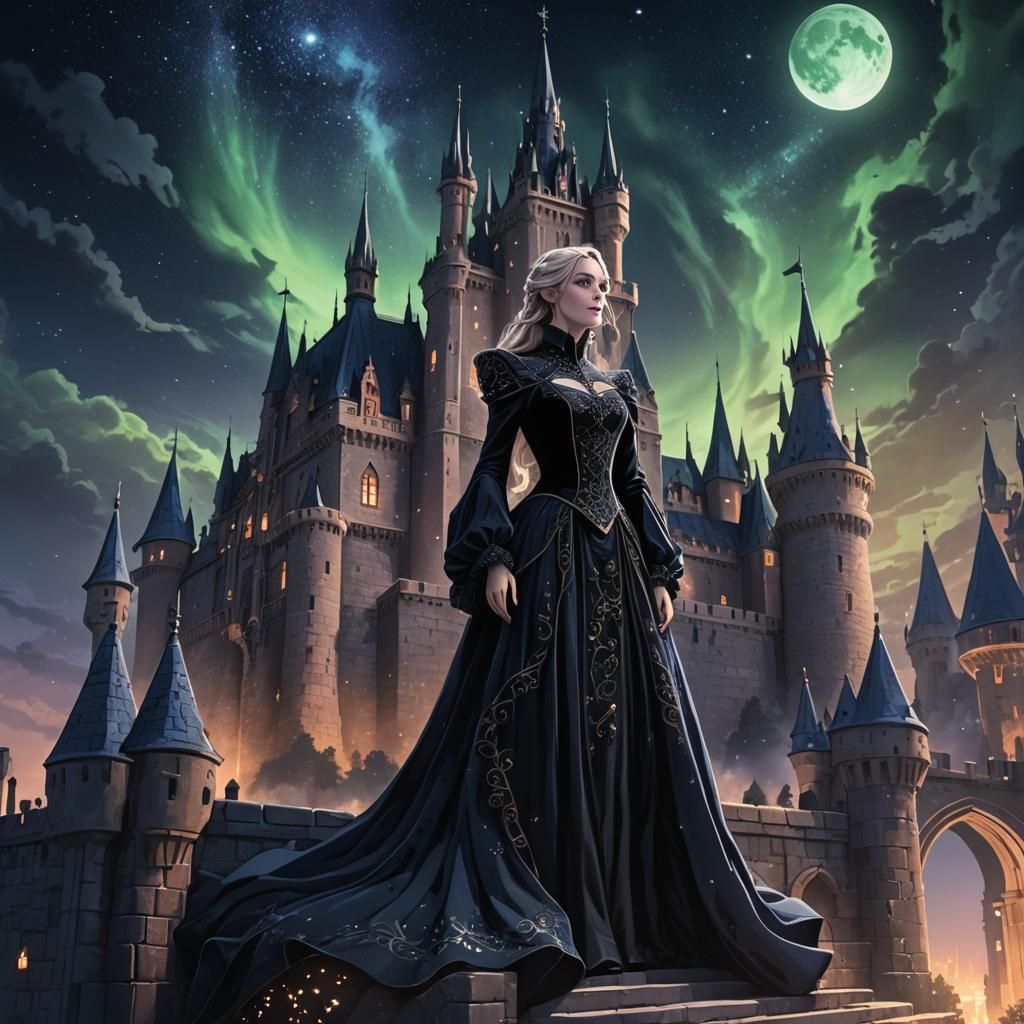 Regal Woman on Gothic Castle Wall Under Night Sky