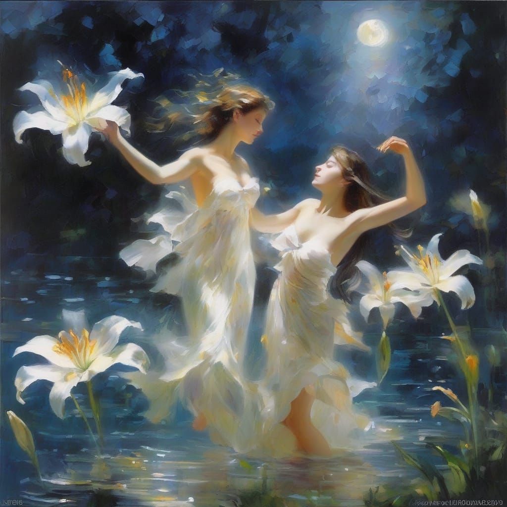 Fairies Dancing on Lilies Under Midsummer Moon