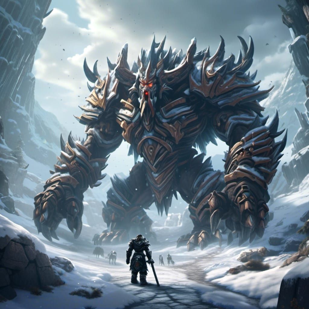 Giant Stone Creature in Snowy Fantasy Landscape