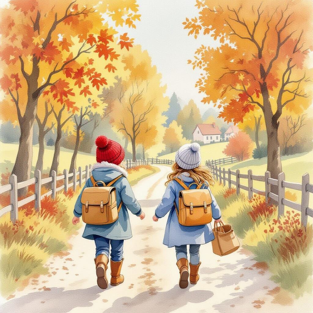 Children on Autumn Path in Watercolor Style