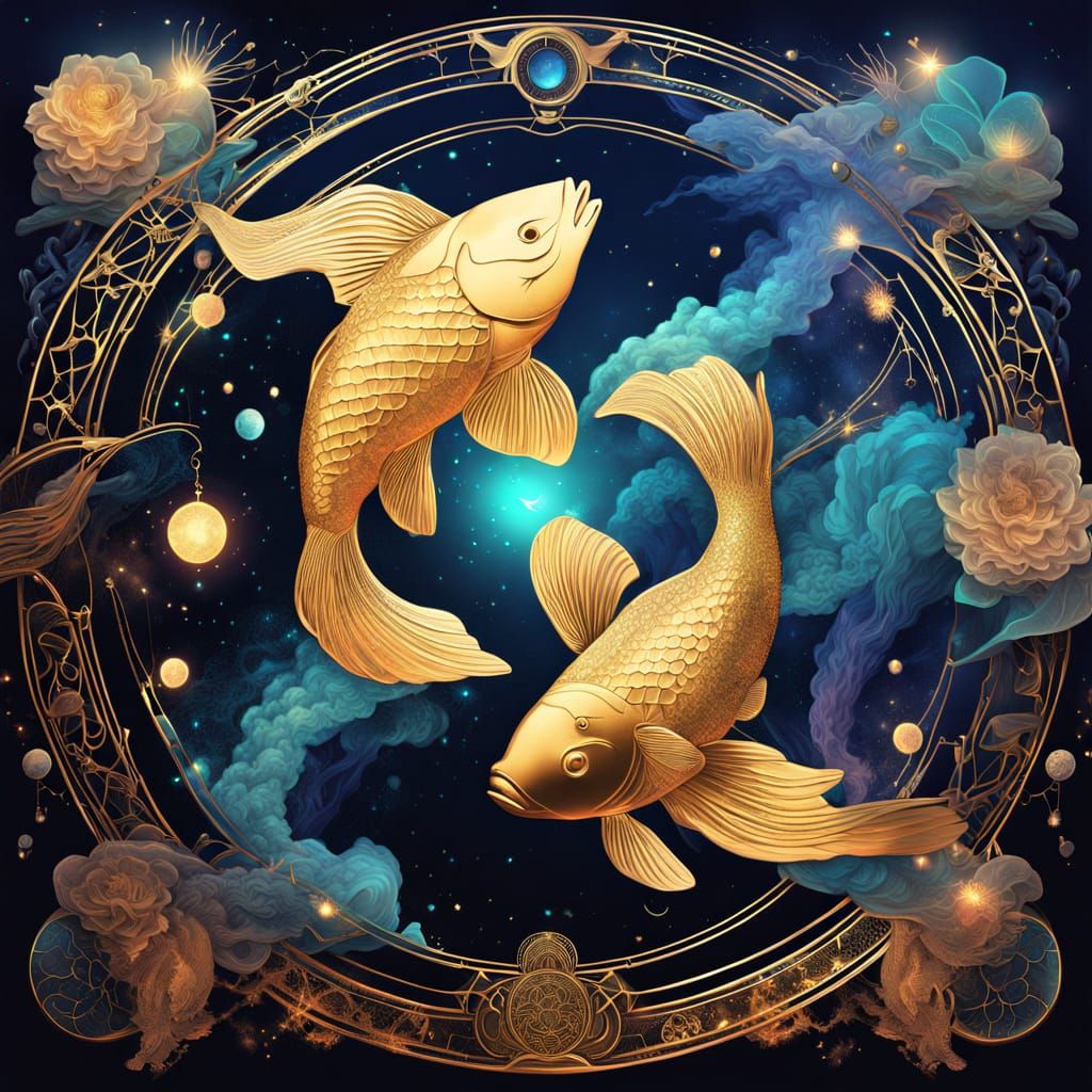 24-karat Gold filigree Pisces two fish ying yang directions ...