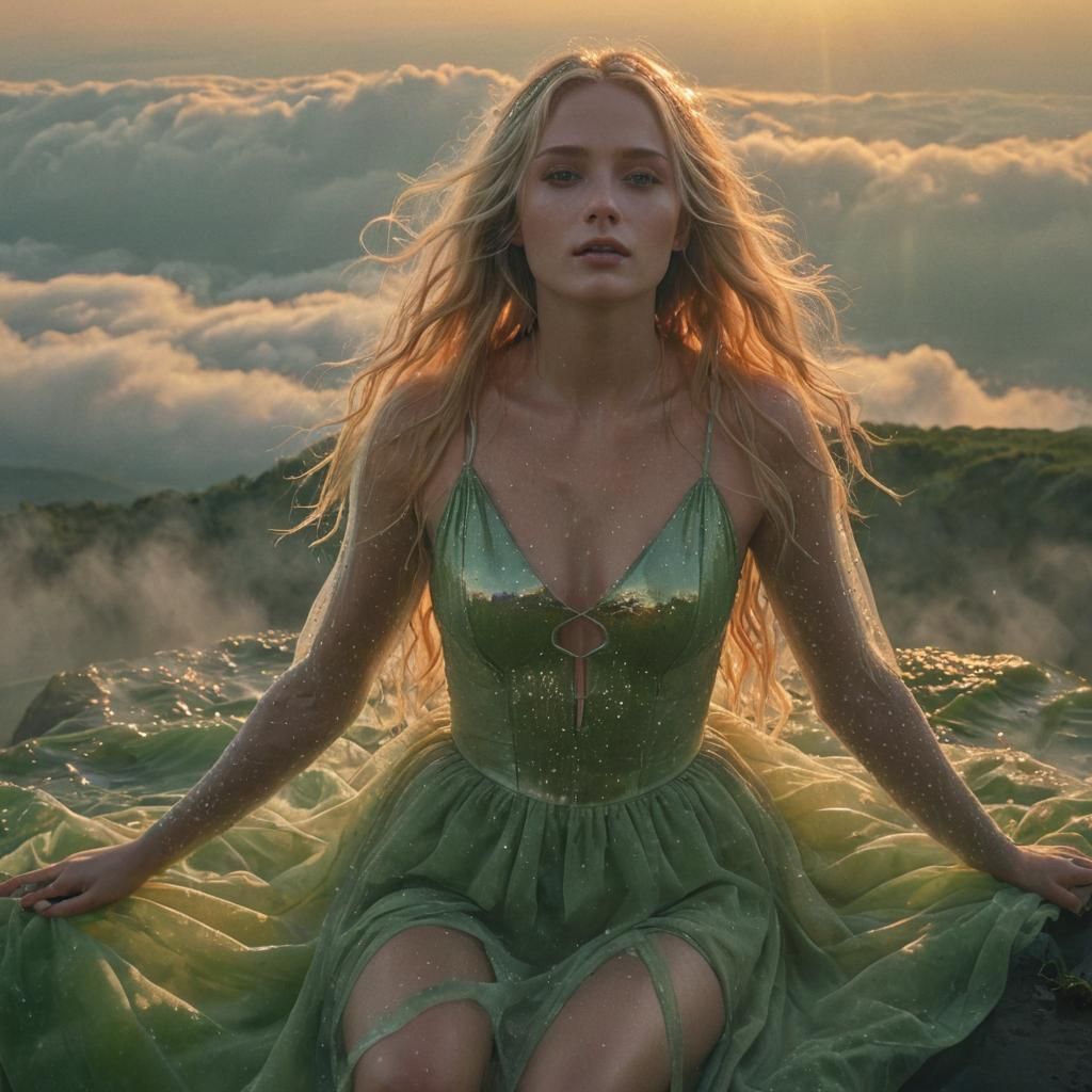 Ethereal Woman Floating in Sunset, Dark Fantasy Style