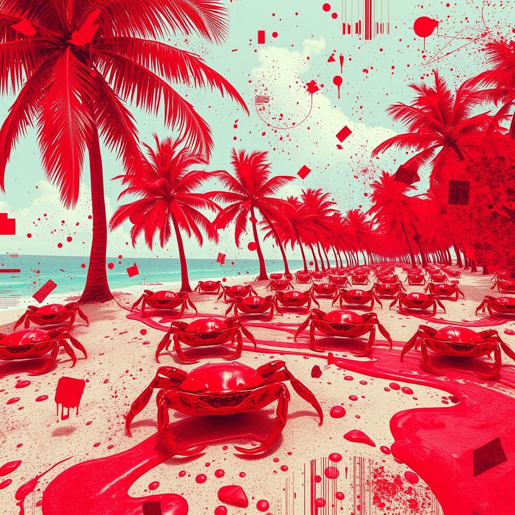 Chaotic Red Crab Swarm on Beach in Glitch Art