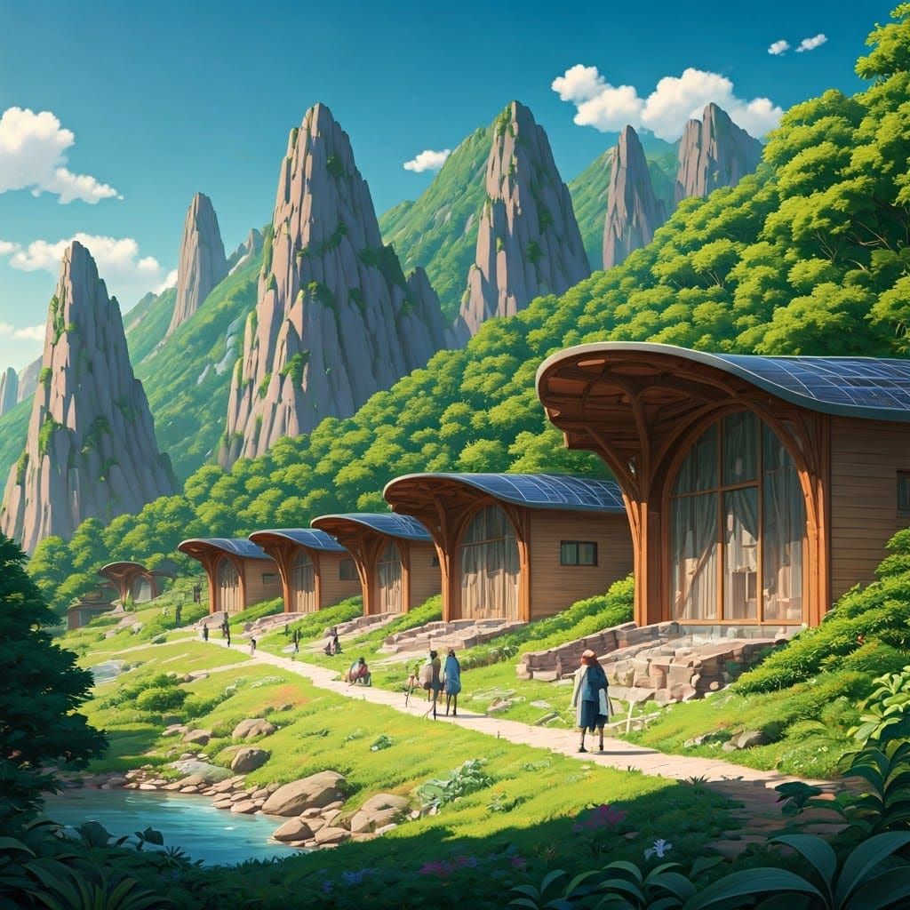 Solarpunk Mountain Sanctuary in Earthy Harmony