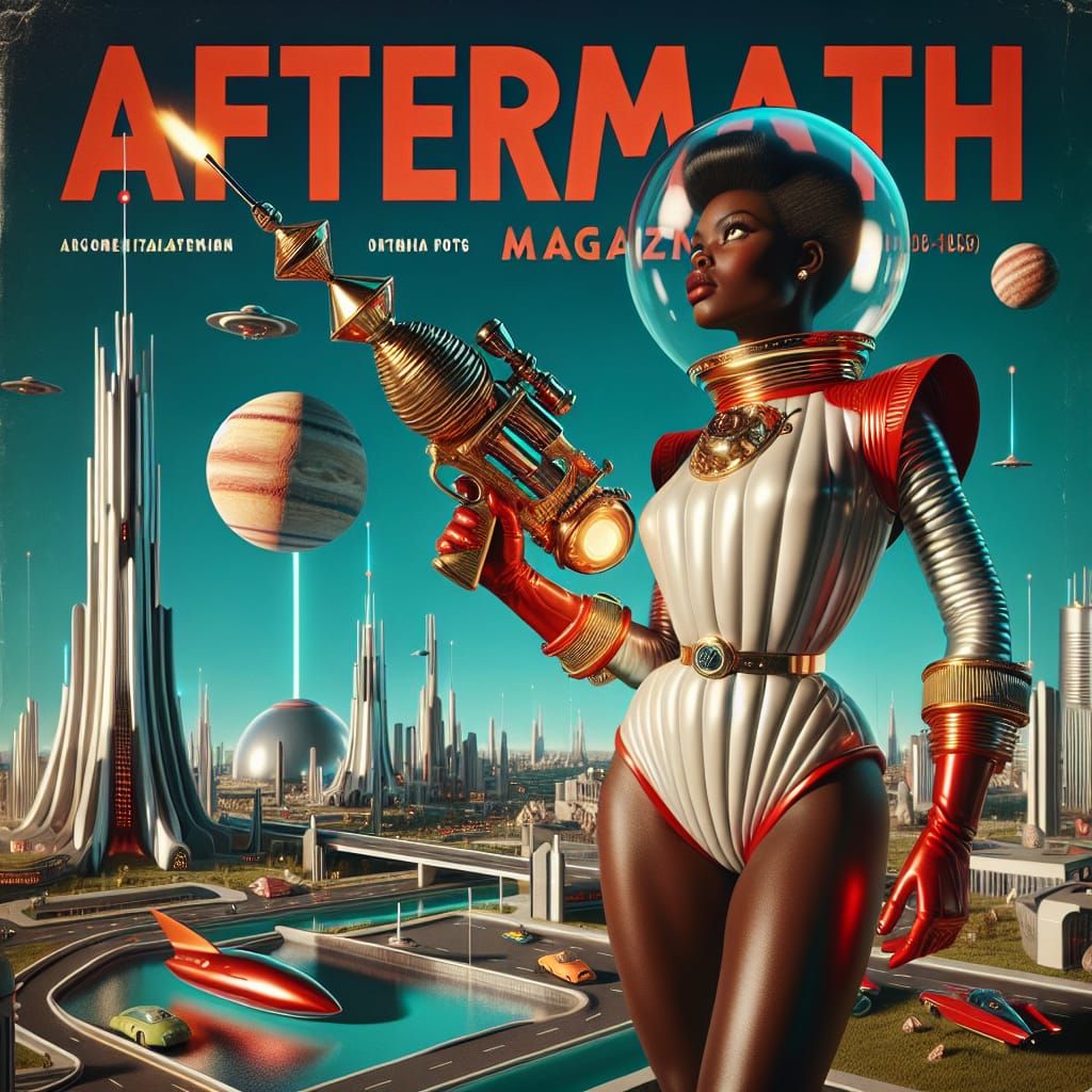 Retro-Futuristic Magazine Cover Featuring Astronaut in Atomi...