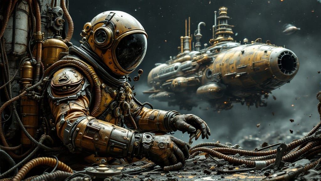 Steampunk Astronaut Salvages in Space