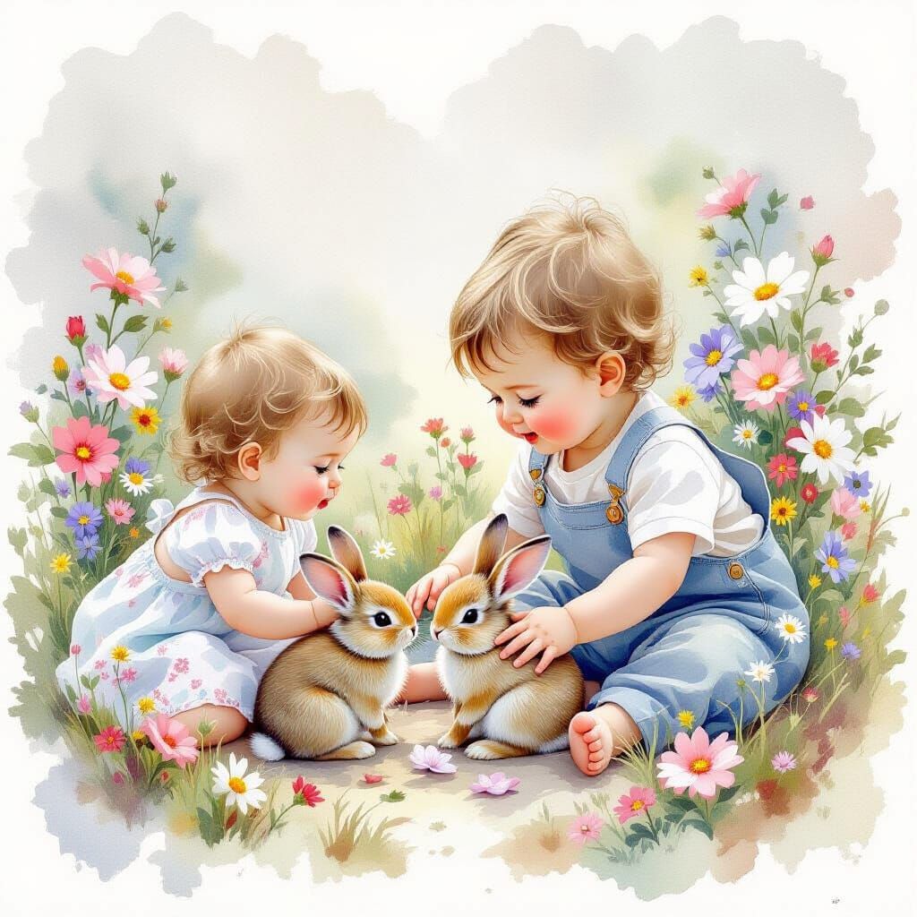 Baby Siblings Play With Bunnies in Watercolor Style