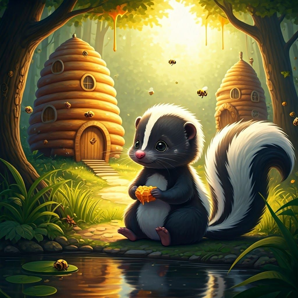 Whimsical Bees and Skunk in a Sunlit Forest Scene