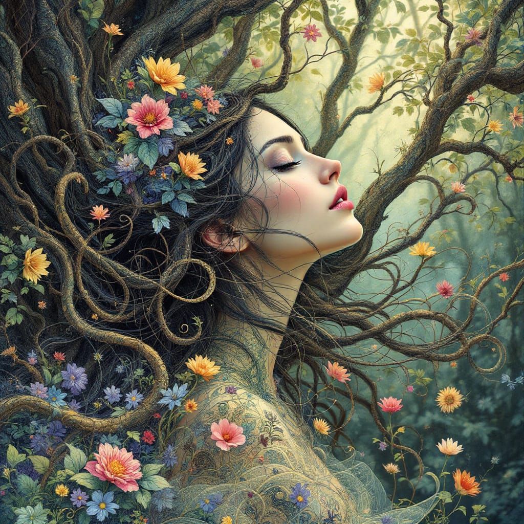 Mystical Woman Blending with Forest Landscape