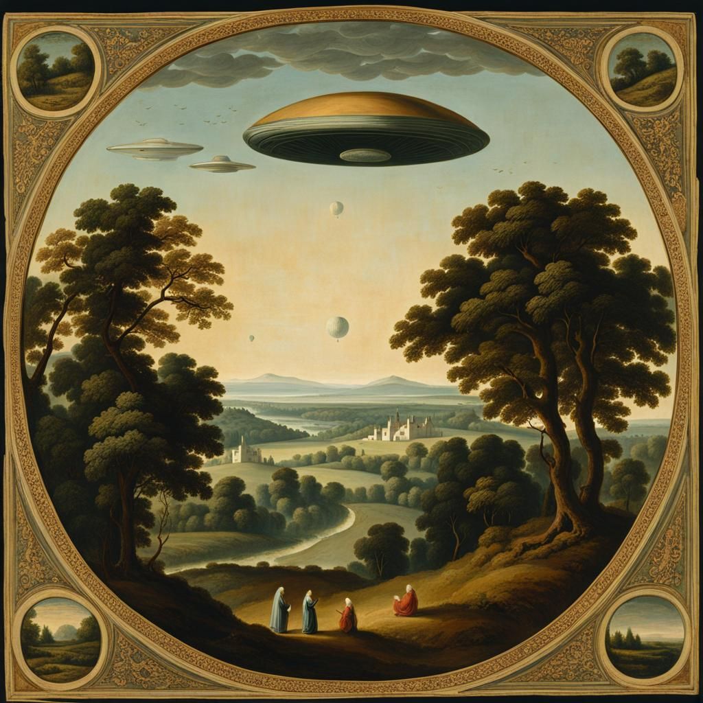 Surreal Landscape with UFO and Crowned Man