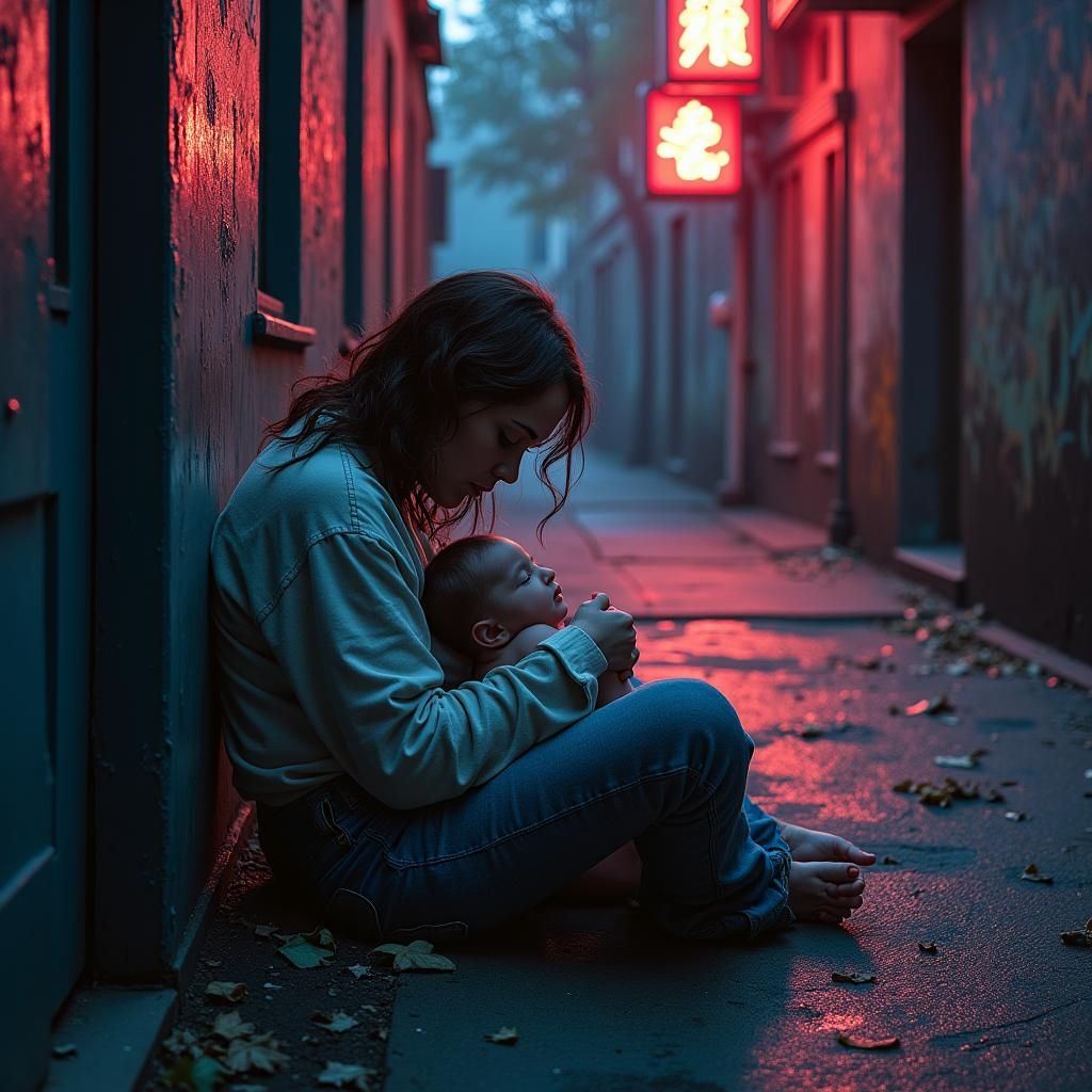 Fragile Motherhood in Urban Neon Alleyway