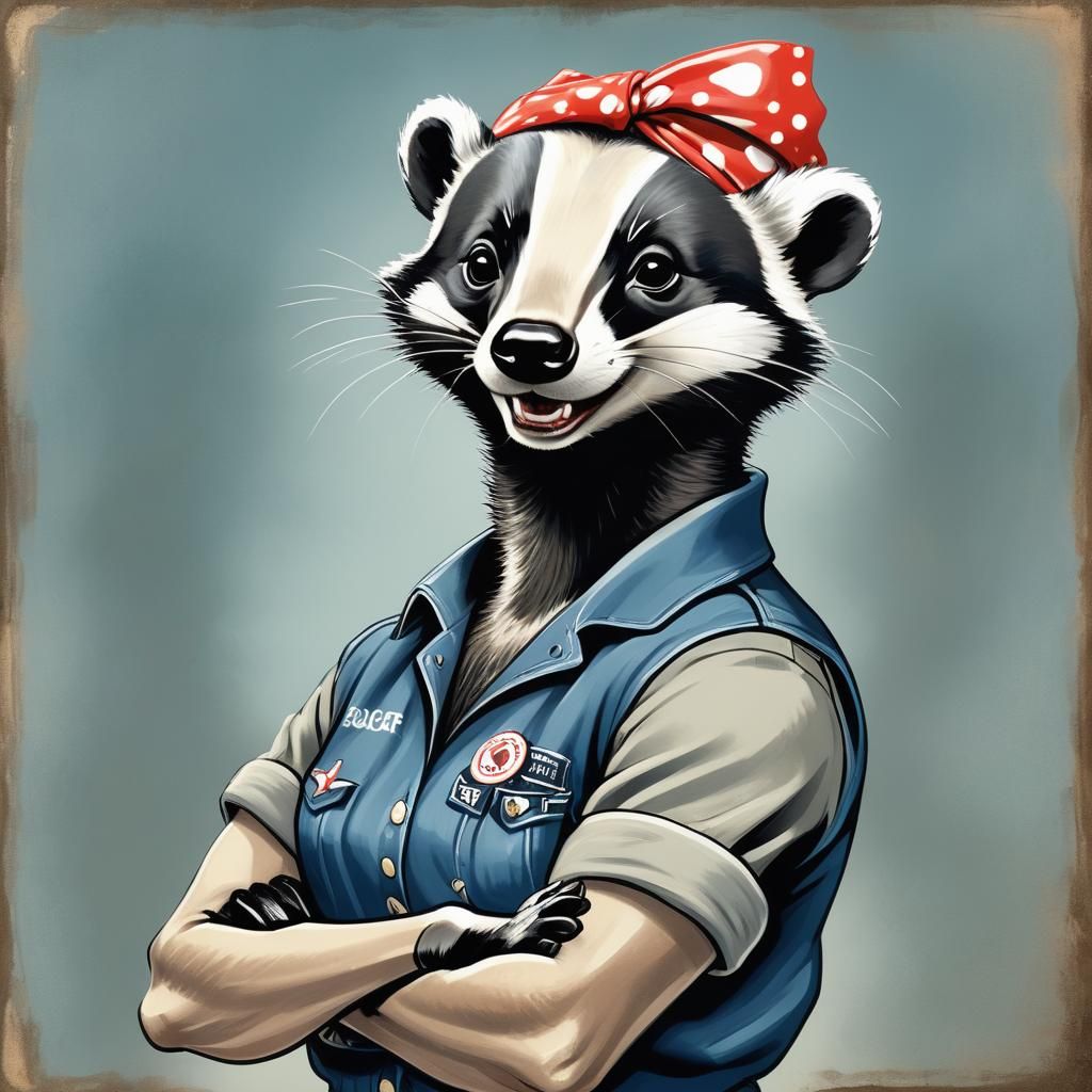 Anthropomorphic Badger as Rosie the Riveter