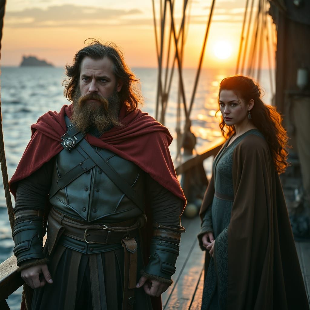 Medieval Merchant Captain Stands Beside Ship's Wizard at Sun...