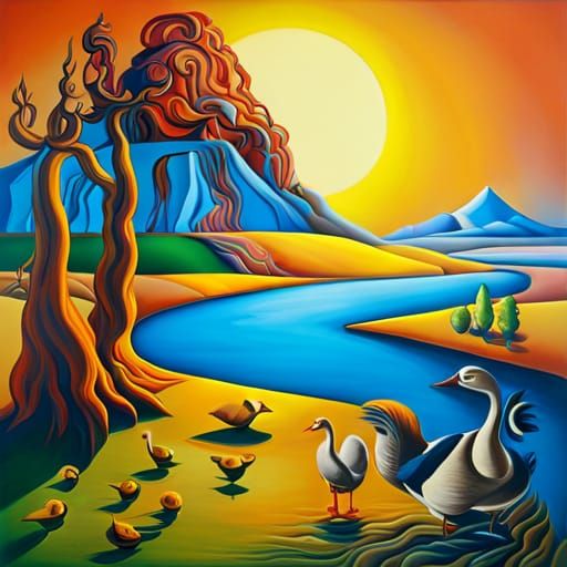 Surreal Farmland Landscape with Geese in Dali Style