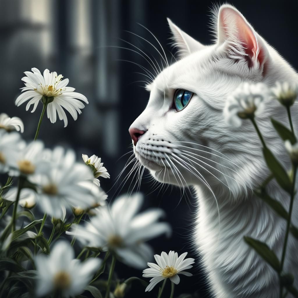 White Cat Sniffing White Flower in Hyperrealistic Style