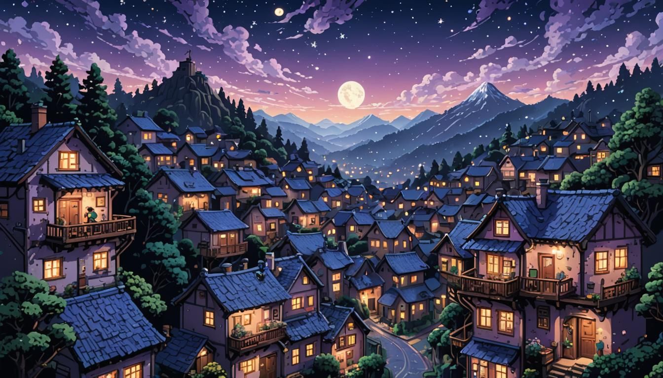 Pixel Art Village under Swirling Starry Night
