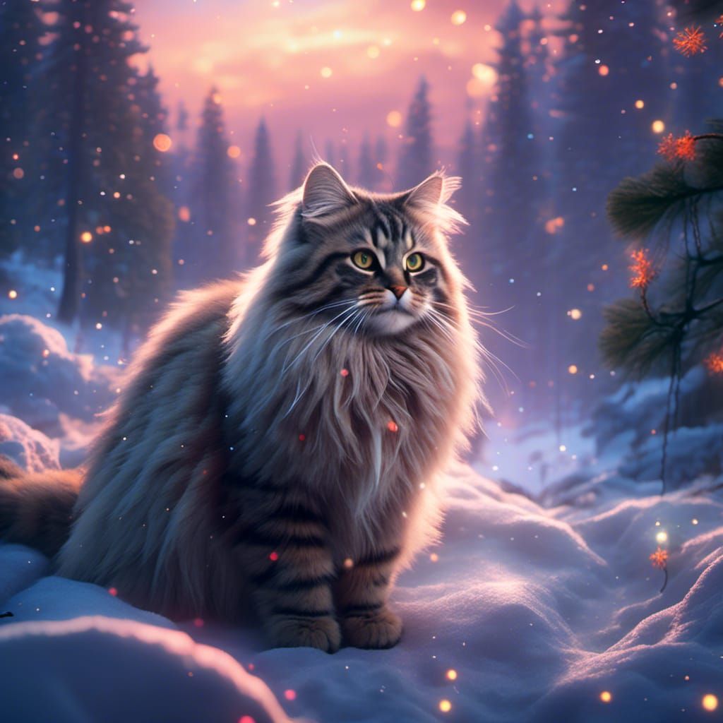Siberian Cat in Winter Forest with Aurora
