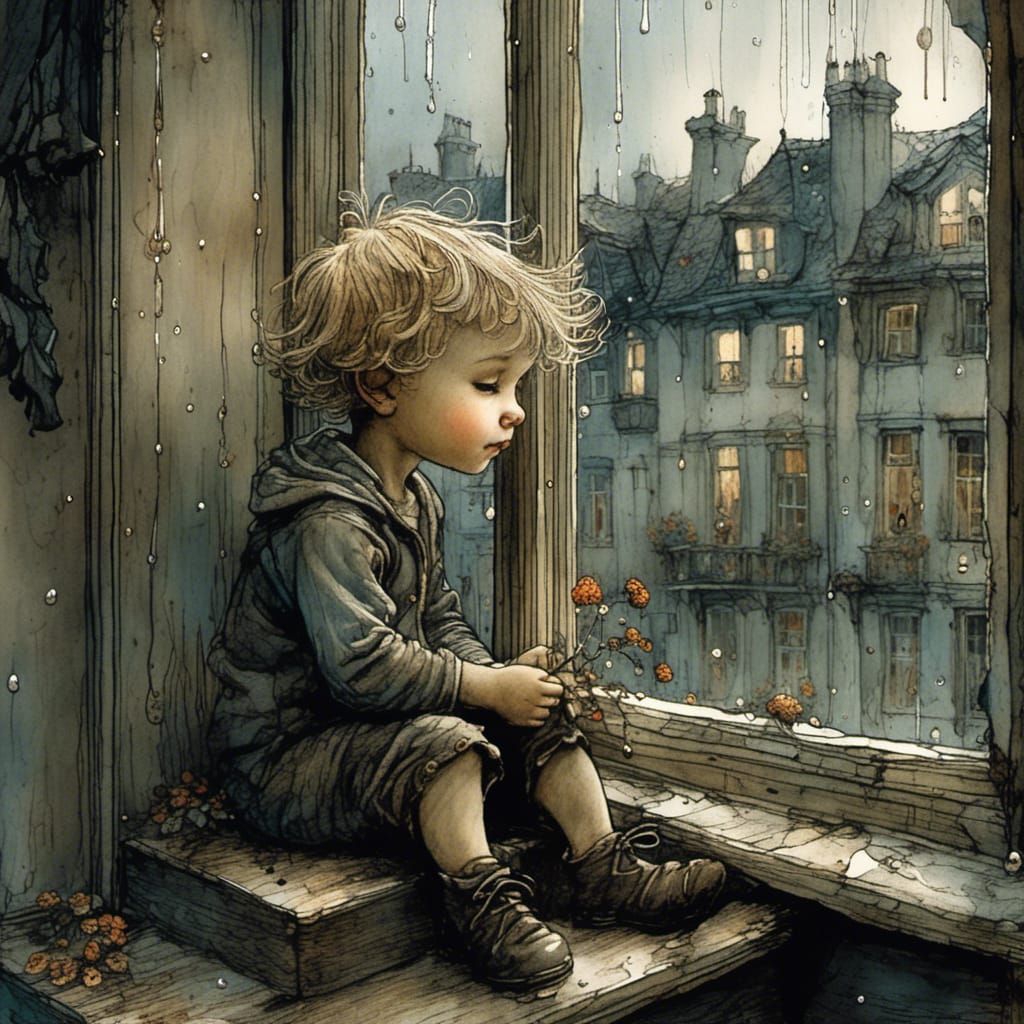 Expressive Toddler Watching Rain, Intricate Illustration