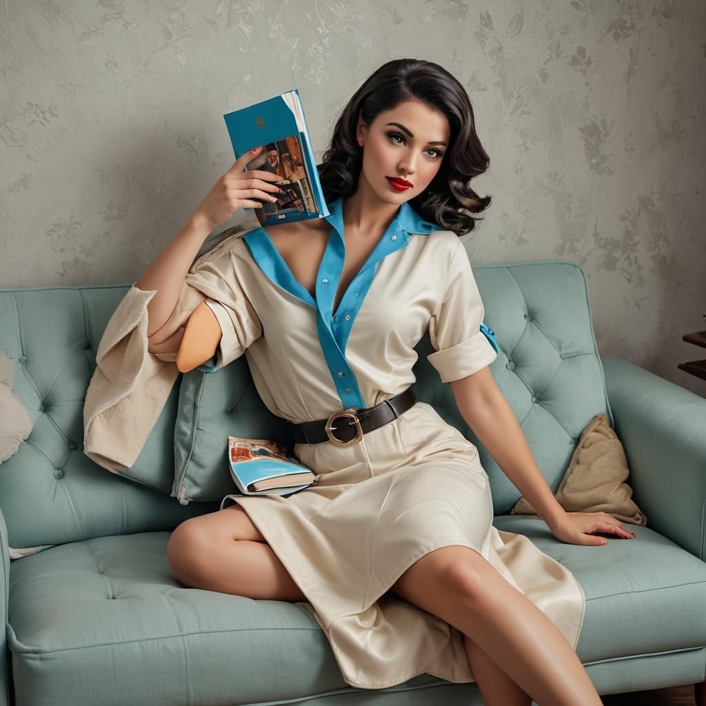 Blonde Pin-Up Reading Book in a Surreal Setting