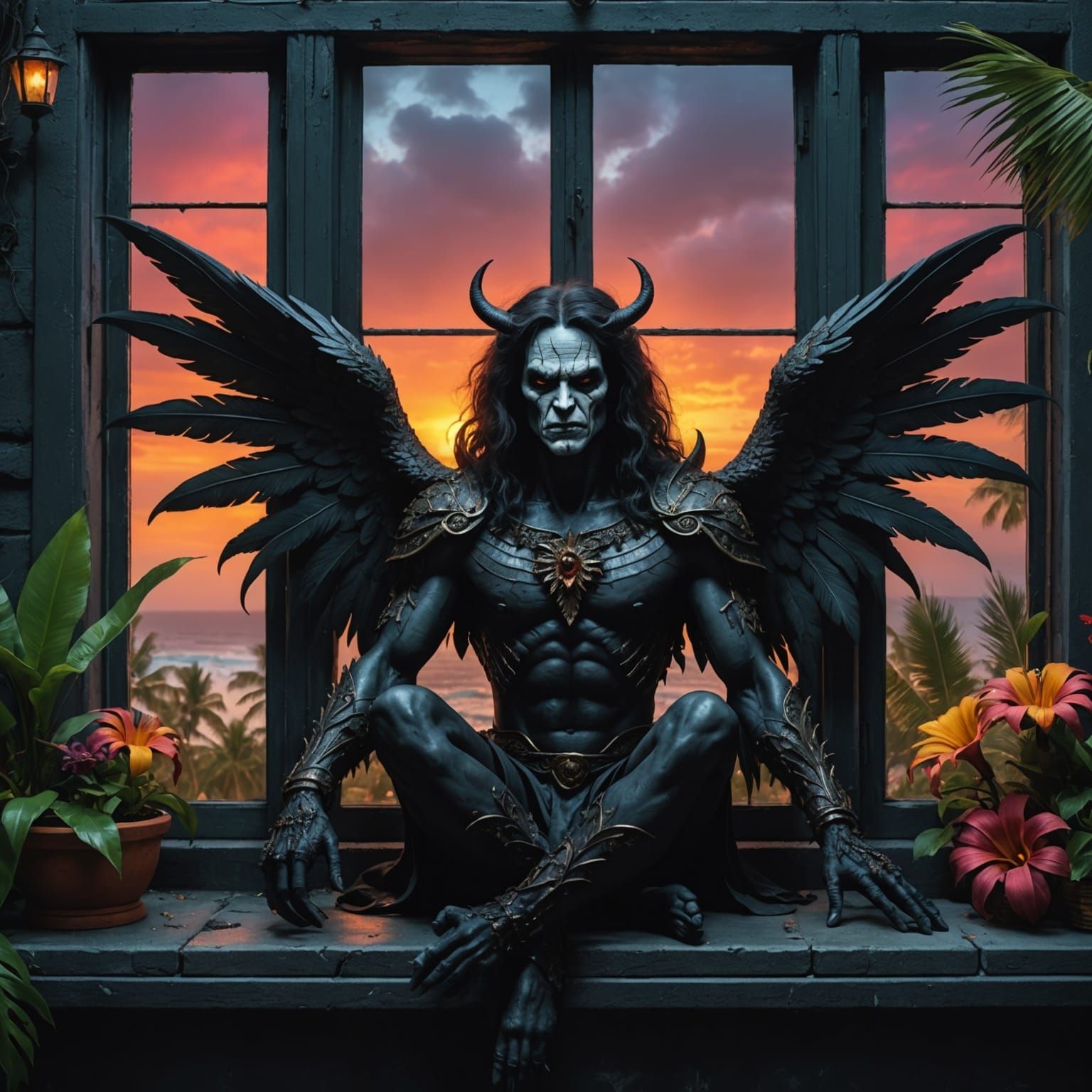 Gothic Horror Angel Overlooking Tropical Paradise