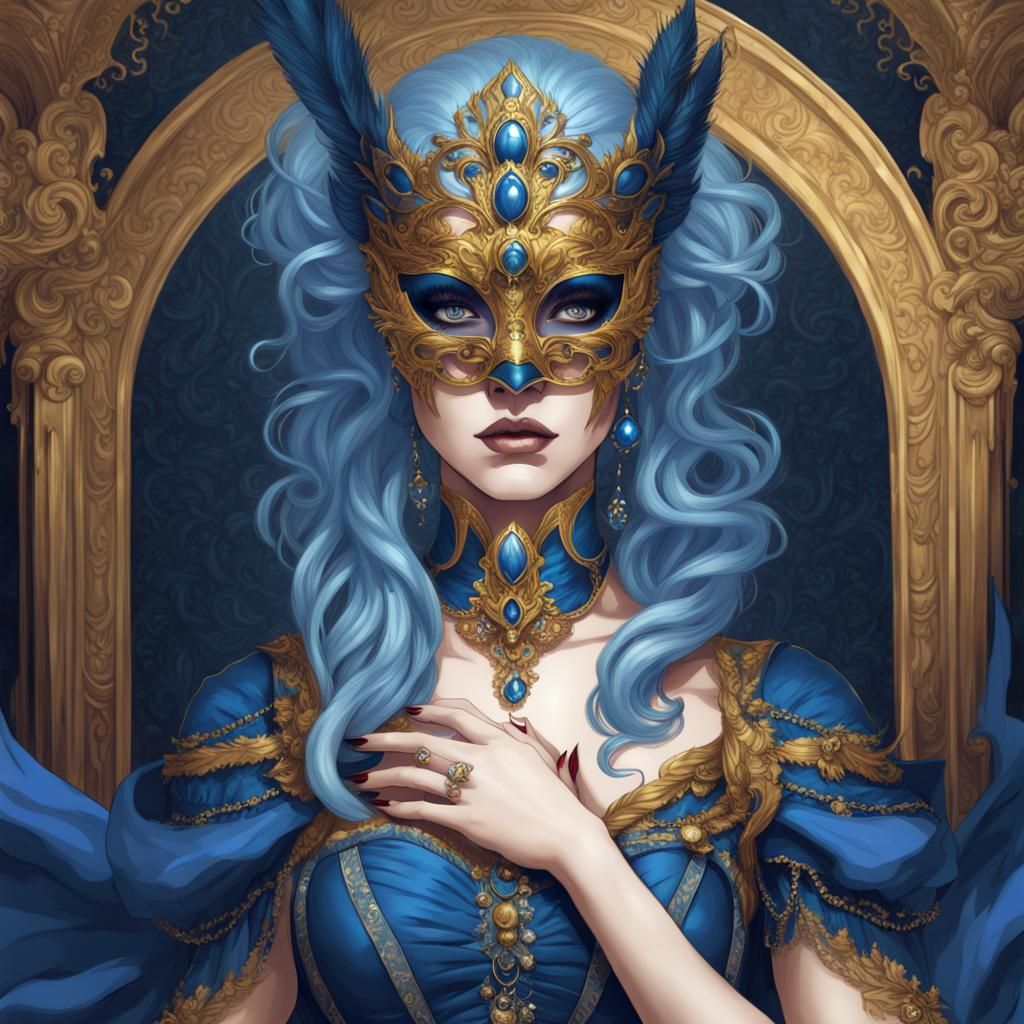 Baroque Queen with Blue Hair and Mask