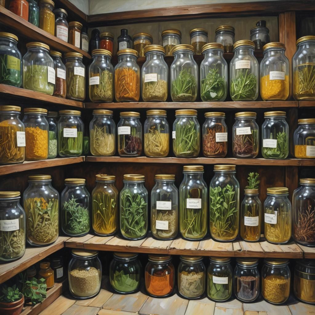 Herbs in Jars: Chemist Shop Oil Painting