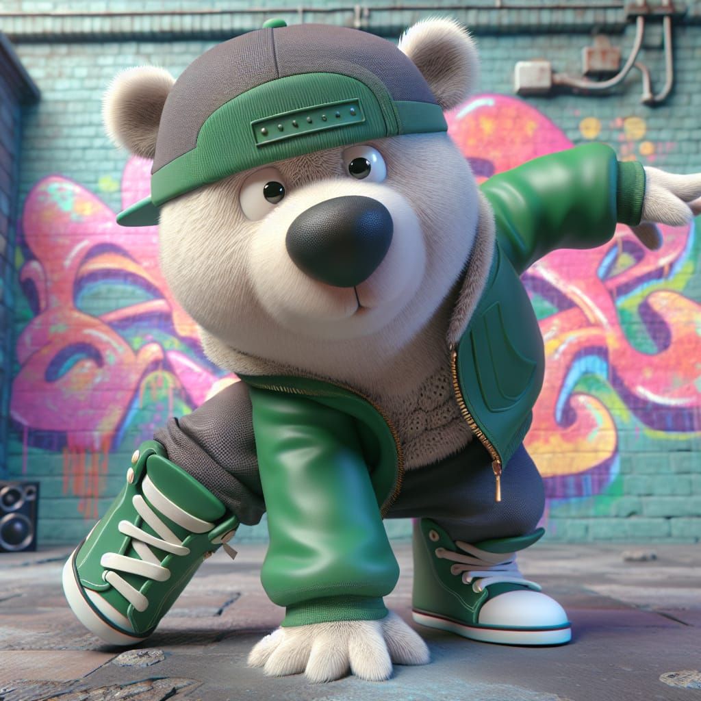 Disney Pixar style 3D cool bear, wearing a funky outfit in shades of green, breakdancing in an urban background with col...