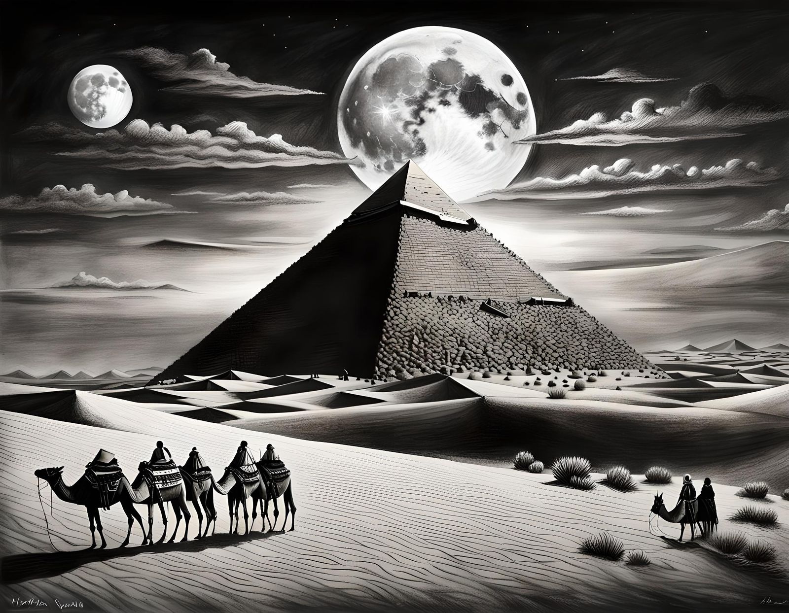 Great Pyramid with Bedouins in Charcoal Style
