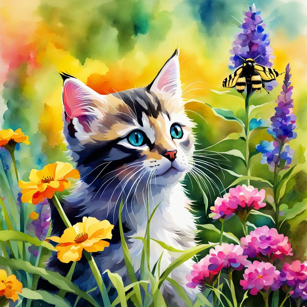 Kitten and Bumblebee in Colorful Digital Watercolor