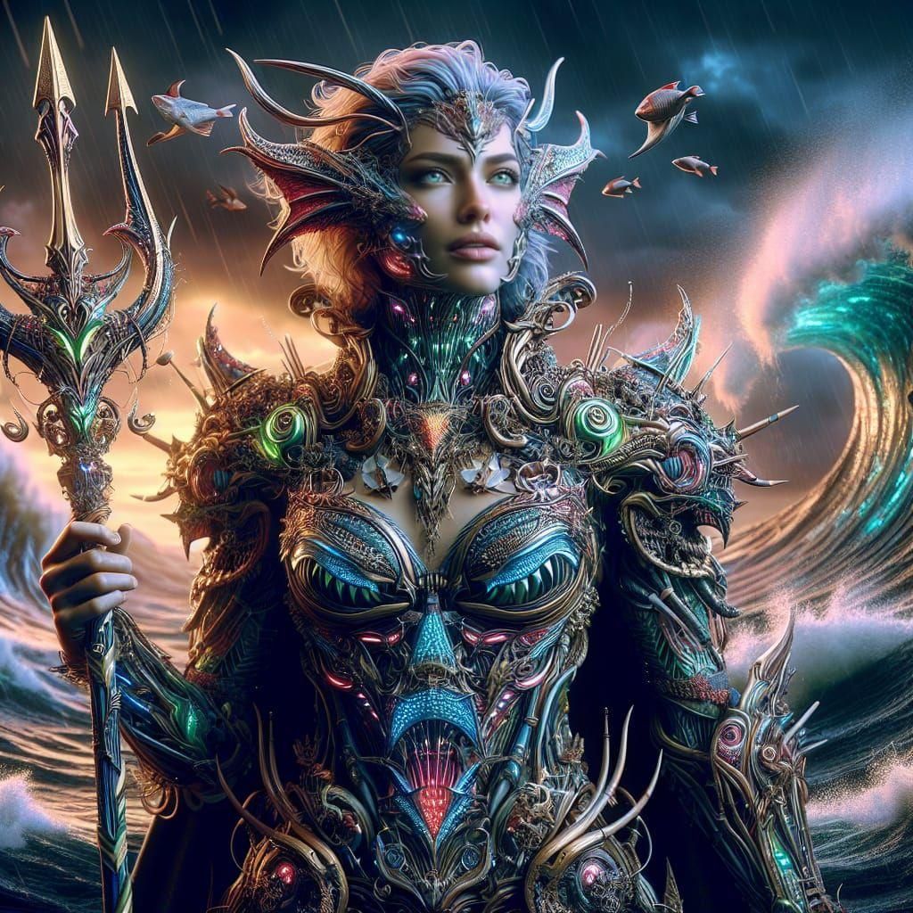 a badass humanoid woman with an organic shark armor with scales and neonlight holding a trident, heavy damages, proud po...