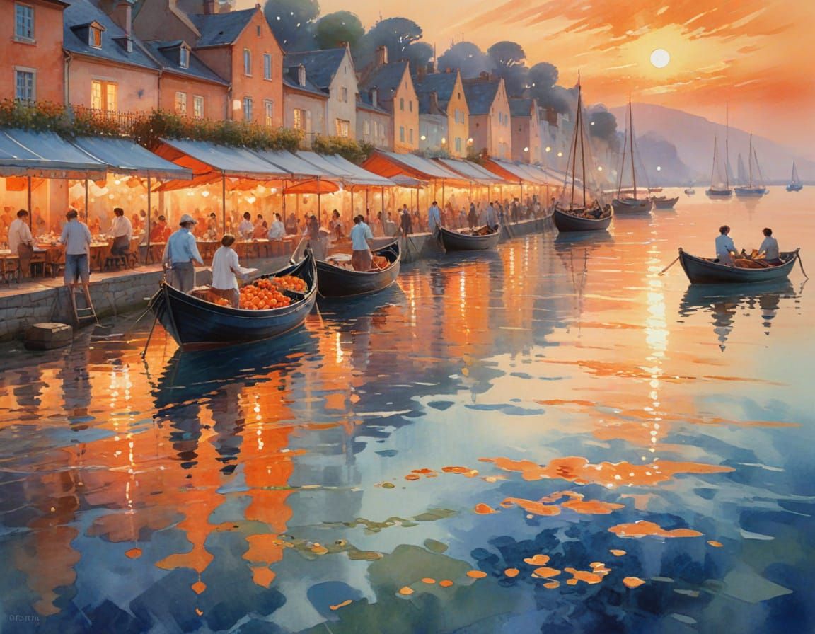 Coastal Market at Sunset in Impressionist Style
