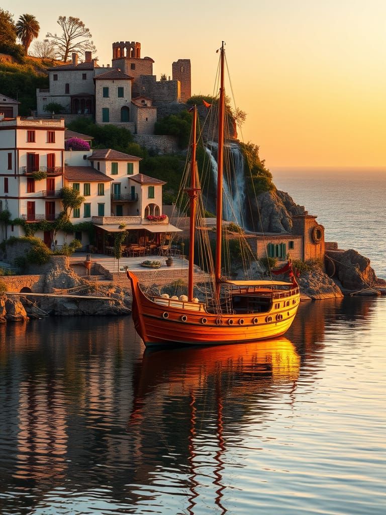 Golden Hour Sailship by Tranquil Village and Ruins